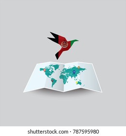 Bird of Peace in the World in Afghanistan Flag. Image of a vector world map with a colorful gray background. Vector illustration eps 10. 