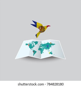 Bird of Peace in the World in Andorra Flag. Image of a vector world map with a colorful gray background. Vector illustration eps 10. 