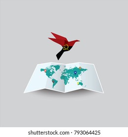 Bird of Peace in the World in Angola Flag. Image of a vector world map with a colorful gray background. Vector illustration eps 10. 