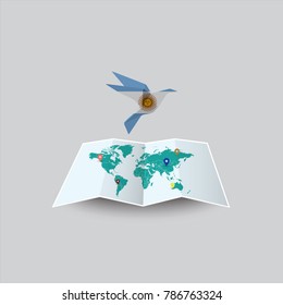 Bird of Peace in the World in Argentina Flag. Image of a vector world map with a colorful gray background. Vector illustration eps 10. 