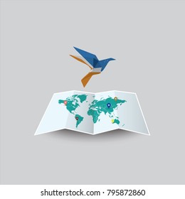 Bird of Peace in the World in Bandera de la provincia de Tierra del Fuego, Antártida e Islas del Atlántico Sur Flag. Image of a vector world map with a colorful gray background. Vector illustration ep