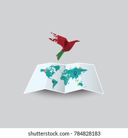 Bird of Peace in the World in Belarus Flag. Image of a vector world map with a colorful gray background. Vector illustration eps 10. 