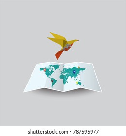 Bird of Peace in the World in Bhutan Flag. Image of a vector world map with a colorful gray background. Vector illustration eps 10. 