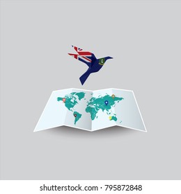 Bird of Peace in the World in British Virgin Islands Flag. Image of a vector world map with a colorful gray background. Vector illustration eps 10. 