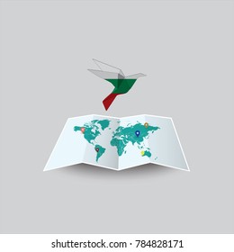 Bird of Peace in the World in Bulgaria Flag. Image of a vector world map with a colorful gray background. Vector illustration eps 10. 