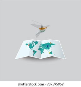 Bird of Peace in the World in Cyprus Flag. Image of a vector world map with a colorful gray background. Vector illustration eps 10. 