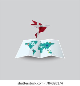 Bird of Peace in the World in Denmark Flag. Image of a vector world map with a colorful gray background. Vector illustration eps 10. 
