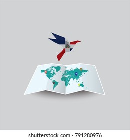 Bird of Peace in the World in Dominican Republic Flag. Image of a vector world map with a colorful gray background. Vector illustration eps 10. 