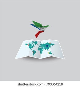 Bird of Peace in the World in Equatorial Guinea Flag. Image of a vector world map with a colorful gray background. Vector illustration eps 10. 