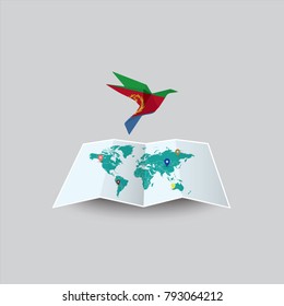 Bird of Peace in the World in Eritrea Flag. Image of a vector world map with a colorful gray background. Vector illustration eps 10. 