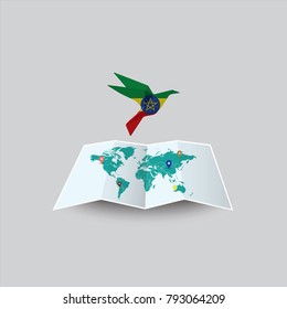 Bird of Peace in the World in Ethiopia Flag. Image of a vector world map with a colorful gray background. Vector illustration eps 10. 