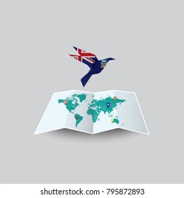 Bird of Peace in the World in Falkland Islands Flag. Image of a vector world map with a colorful gray background. Vector illustration eps 10. 