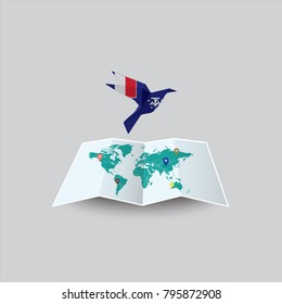 Bird of Peace in the World in French Southern and Antarctic Lands Flag. Image of a vector world map with a colorful gray background. Vector illustration eps 10. 