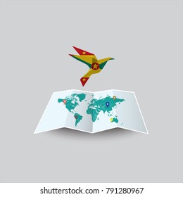 Bird Of Peace In The World In Grenada Flag. Image Of A Vector World Map With A Colorful Gray Background. Vector Illustration Eps 10. 