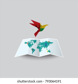Bird of Peace in the World in Guinea Bissau Flag. Image of a vector world map with a colorful gray background. Vector illustration eps 10. 