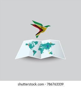 Bird of Peace in the World in Guyana Flag. Image of a vector world map with a colorful gray background. Vector illustration eps 10. 
