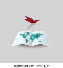 Bird of Peace in the World in Indonesia Flag. Image of a vector world map with a colorful gray background. Vector illustration eps 10. 