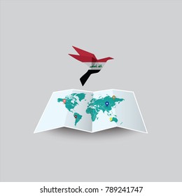 Bird of Peace in the World in Iraq Flag. Image of a vector world map with a colorful gray background. Vector illustration eps 10. 