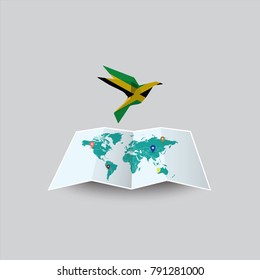 Bird of Peace in the World in Jamaica Flag. Image of a vector world map with a colorful gray background. Vector illustration eps 10. 