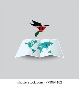 Bird of Peace in the World in Kenya Flag. Image of a vector world map with a colorful gray background. Vector illustration eps 10. 