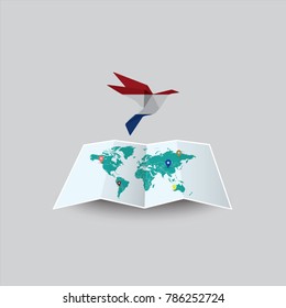 Bird of Peace in the World in Kingdom of the Netherlands Flag. Image of a vector world map with a colorful gray background. Vector illustration eps 10. 
