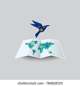 Bird of Peace in the World in Kosovo Flag. Image of a vector world map with a colorful gray background. Vector illustration eps 10. 