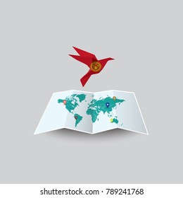 Bird of Peace in the World in Kyrgyzstan Flag. Image of a vector world map with a colorful gray background. Vector illustration eps 10. 