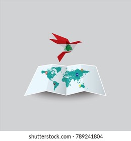 Bird of Peace in the World in Lebanon Flag. Image of a vector world map with a colorful gray background. Vector illustration eps 10. 