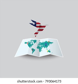 Bird of Peace in the World in Liberia Flag. Image of a vector world map with a colorful gray background. Vector illustration eps 10. 