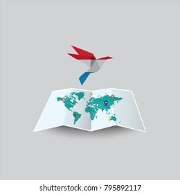 Bird of Peace in the World in Luxembourg Flag. Image of a vector world map with a colorful gray background. Vector illustration eps 10. 