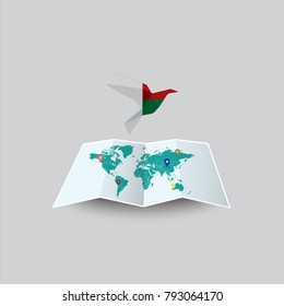 Bird of Peace in the World in Madagascar Flag. Image of a vector world map with a colorful gray background. Vector illustration eps 10. 
