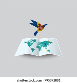 Bird of Peace in the World in Madeira Flag. Image of a vector world map with a colorful gray background. Vector illustration eps 10. 