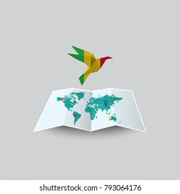 Bird of Peace in the World in Mali Flag. Image of a vector world map with a colorful gray background. Vector illustration eps 10. 