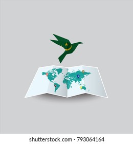 Bird of Peace in the World in Mauritania Flag. Image of a vector world map with a colorful gray background. Vector illustration eps 10. 
