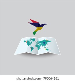 Bird of Peace in the World in Mauritius Flag. Image of a vector world map with a colorful gray background. Vector illustration eps 10. 