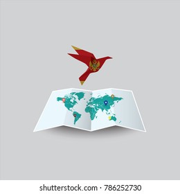Bird of Peace in the World in Montenegro Flag. Image of a vector world map with a colorful gray background. Vector illustration eps 10. 