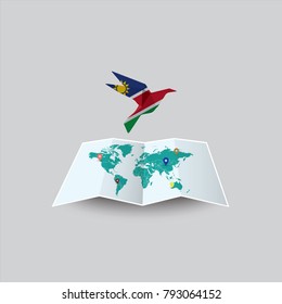 Bird of Peace in the World in Namibia Flag. Image of a vector world map with a colorful gray background. Vector illustration eps 10. 