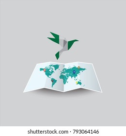 Bird of Peace in the World in Nigeria Flag. Image of a vector world map with a colorful gray background. Vector illustration eps 10. 