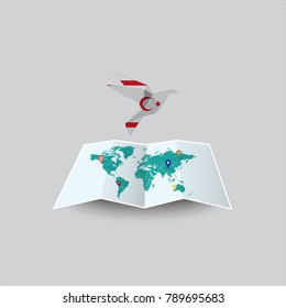 Bird of Peace in the World in Northern Cyprus Flag. Image of a vector world map with a colorful gray background. Vector illustration eps 10. 