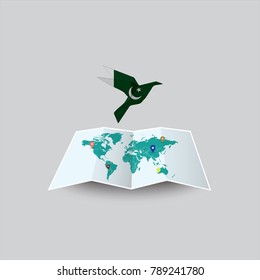 Bird of Peace in the World in Pakistan Flag. Image of a vector world map with a colorful gray background. Vector illustration eps 10. 