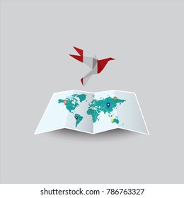 Bird of Peace in the World in Peru Flag. Image of a vector world map with a colorful gray background. Vector illustration eps 10. 