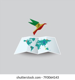 Bird of Peace in the World in Republic of the Congo Flag. Image of a vector world map with a colorful gray background. Vector illustration eps 10. 