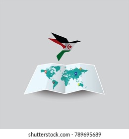 Bird of Peace in the World in Sahrawi Arab Democratic Republic Flag. Image of a vector world map with a colorful gray background. Vector illustration eps 10. 