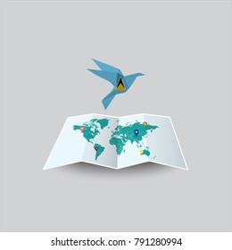 Bird of Peace in the World in Saint Lucia Flag. Image of a vector world map with a colorful gray background. Vector illustration eps 10. 