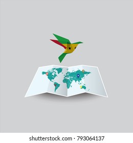 Bird of Peace in the World in Sao Tome and Principe Flag. Image of a vector world map with a colorful gray background. Vector illustration eps 10. 