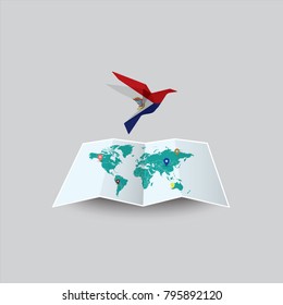 Bird of Peace in the World in Sint Maarten Flag. Image of a vector world map with a colorful gray background. Vector illustration eps 10. 
