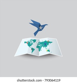 Bird of Peace in the World in Somalia Flag. Image of a vector world map with a colorful gray background. Vector illustration eps 10. 