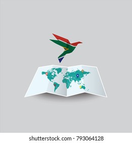 Bird of Peace in the World in South Africa Flag. Image of a vector world map with a colorful gray background. Vector illustration eps 10. 