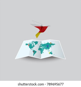 Bird of Peace in the World in South Ossetia Flag. Image of a vector world map with a colorful gray background. Vector illustration eps 10. 