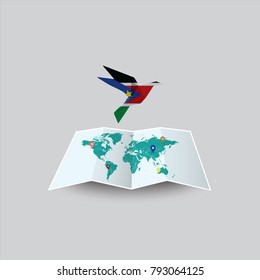 Bird of Peace in the World in South Sudan Flag. Image of a vector world map with a colorful gray background. Vector illustration eps 10. 